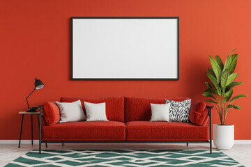 A modern living room featuring a vibrant red wall, a stylish red sofa, decorative pillows, a green plant, and a blank frame ready for artwork.