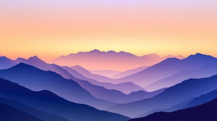 Fototapeta premium Silhouetted Mountain Range at Sunset with Purple and Yellow Gradient Sky.
