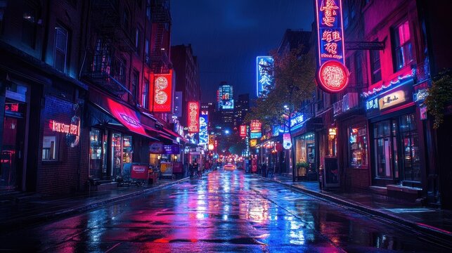 Dark, night city corner, dark dangerous streets illuminated by neon lights. Chinatown in a calm and quiet time of day.