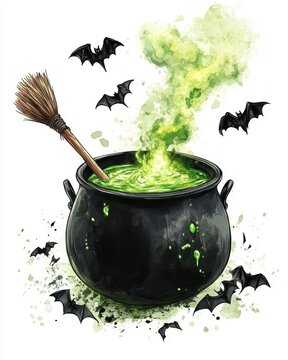 witch's cauldron with green potion and bats clip art preview