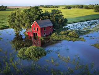Obraz premium Rural Farmhouse Submerged in Floodwaters, Highlighting the Impact of Flooding on the Countryside