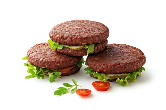 Three delicious veggie burger patties with fresh lettuce and tomato, isolated on white.