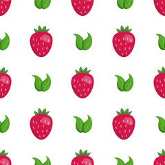 Seamless berry pattern with strawberries and green leaves on a white background