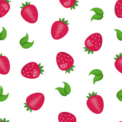 Berry background with strawberries and green leaves, juicy, berry endless pattern