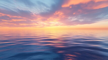 Obraz premium Serene Water Horizon at Sunrise, a Seamless Union of Water and Sky, Capturing the Tranquility of a New Day