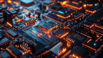 Obraz premium Closeup of a Futuristic Circuit Board with Glowing Orange and Blue Lights - Abstract Technology Background.
