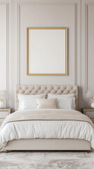 A stylish bedroom featuring a tufted bed, neutral tones, decorative pillows, and a minimalist wall art frame.