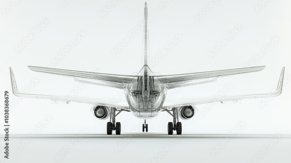 Poster airplane wireframe design render - front view isolated on white background.