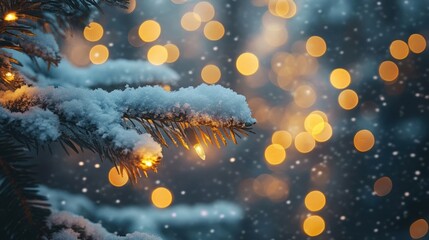 Naklejka premium Snow-covered pine branch with Christmas lights glowing, and a blurred bokeh background with falling snow