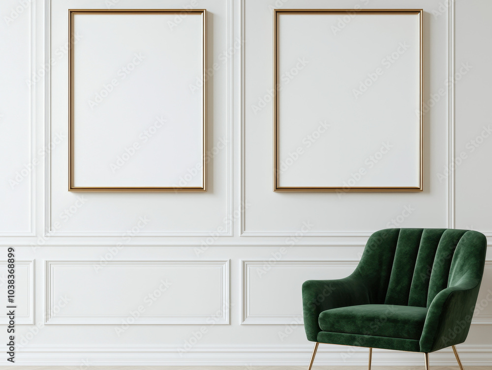 Poster a modern interior features a green chair beside two empty frames on a white wall, creating a minimal