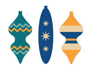 Christmas toys set. Christmas tree decorations in retro 70s style. Isolated vector illustration for holiday design