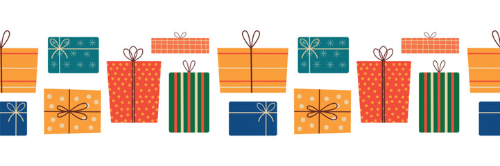 Christmas seamless border. Cute gift boxes. Isolated vector illustration for holiday design