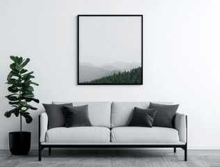 A modern, minimalist living room featuring a soft gray couch, decorative cushions, a potted plant, and a framed artwork on a light wall.