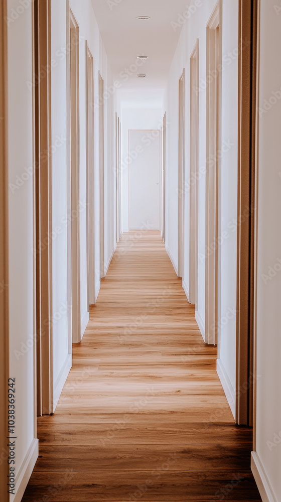 Aufkleber a bright hallway featuring wooden flooring and bordered by several doors, creating a serene and invi