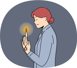 Praying jewish woman with star of david and burning candle in hand for international holocaust remembrance day concept. Jewish praying girl turns to god standing in synagogue and reading prayers