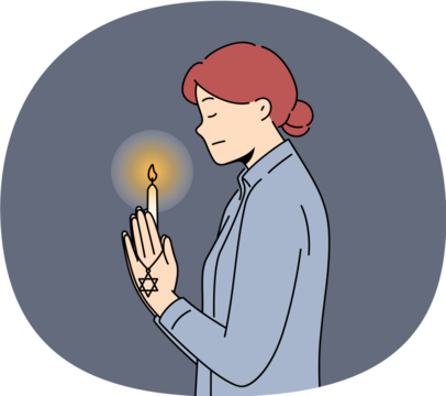 Praying jewish woman with star of david and burning candle in hand for international holocaust remembrance day concept. Jewish praying girl turns to god standing in synagogue and reading prayers