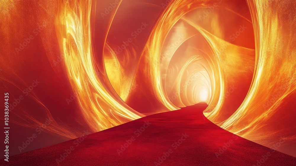 Poster abstract red and gold pathway to light - 3d rendering of glowing tunnel with red carpet