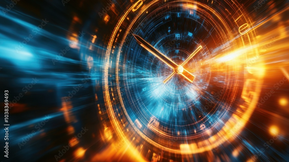 Poster abstract clock face with golden hands and time warp effect.