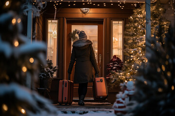 A guest arrives at a family home for the holidays, greeted warmly at the door with a suitcase in hand. Christmas lights twinkle, and the mood is heartwarming, filled with festive joy and excitement.