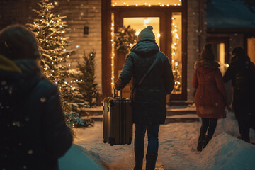 A guest arrives at a family home for the holidays, greeted warmly at the door with a suitcase in hand. Christmas lights twinkle, and the mood is heartwarming, filled with festive joy and excitement.