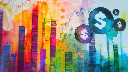 Fototapeta premium Success in business painted in watercolor, dynamic colors of achievement close up, focus on, copy space, vibrant hues of growth, Double exposure silhouette with financial symbols