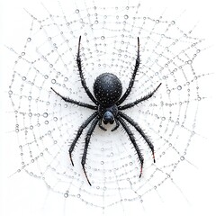 Black Spider in a Dew-Covered Web, Macro Photography.
