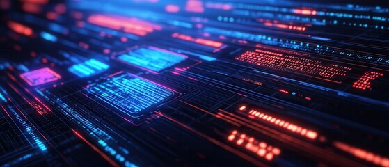 Fototapeta premium Abstract Futuristic Interface with Red and Blue Neon Lights - Technology Background.