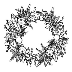 Christmas wreath - black doodle hand-drawn, simple lines. 