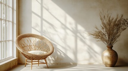 Empty beige wall mockup in boho room interior with wicker armchair and vase. Natural daylight from a window. Promotion background.