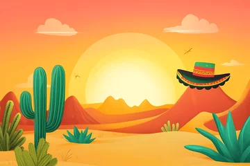Gardinen A vibrant desert landscape featuring cacti, mountains, and a sun with a sombrero. © Noufaldi
