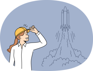 Woman engineer stands near taking off space rocket and watches successful takeoff of shuttle. Girl rejoices at launch of new spacecraft or rocket for research mission with astronauts landing on moon