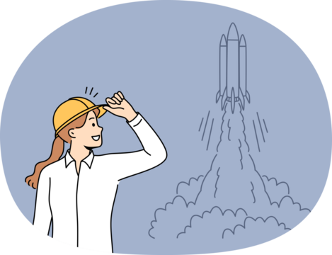 Woman engineer stands near taking off space rocket and watches successful takeoff of shuttle. Girl rejoices at launch of new spacecraft or rocket for research mission with astronauts landing on moon