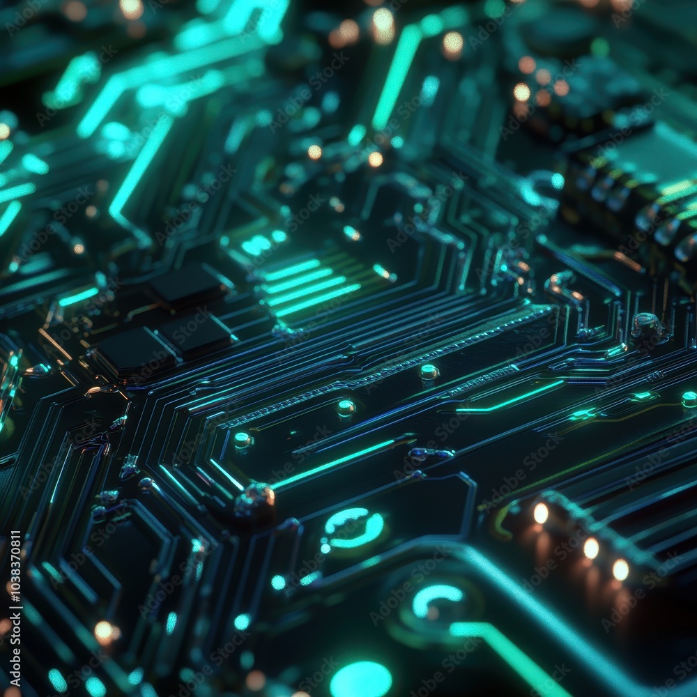 Poster abstract futuristic circuit board with glowing lines and dots - technology background.