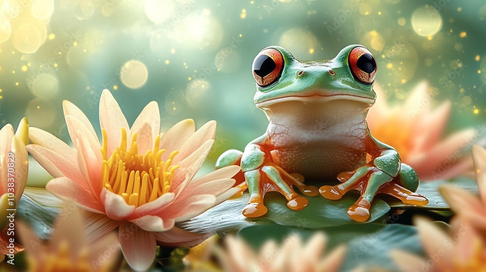 Poster vibrant frog sitting on a bright lime green background surrounded by lily pads and flowers creating 