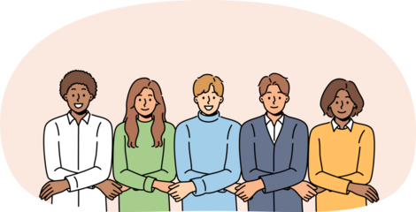 Team of multiracial people students holding hands and showing unity or lack of discord among university pupils. Team of diverse students participate in team-building and trust-building activity