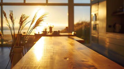 beach house kitchen photo, high-quality image of a beach house kitchen counter in a vibrant morning summer light with a beach view out the window, in a cinematic commercial style