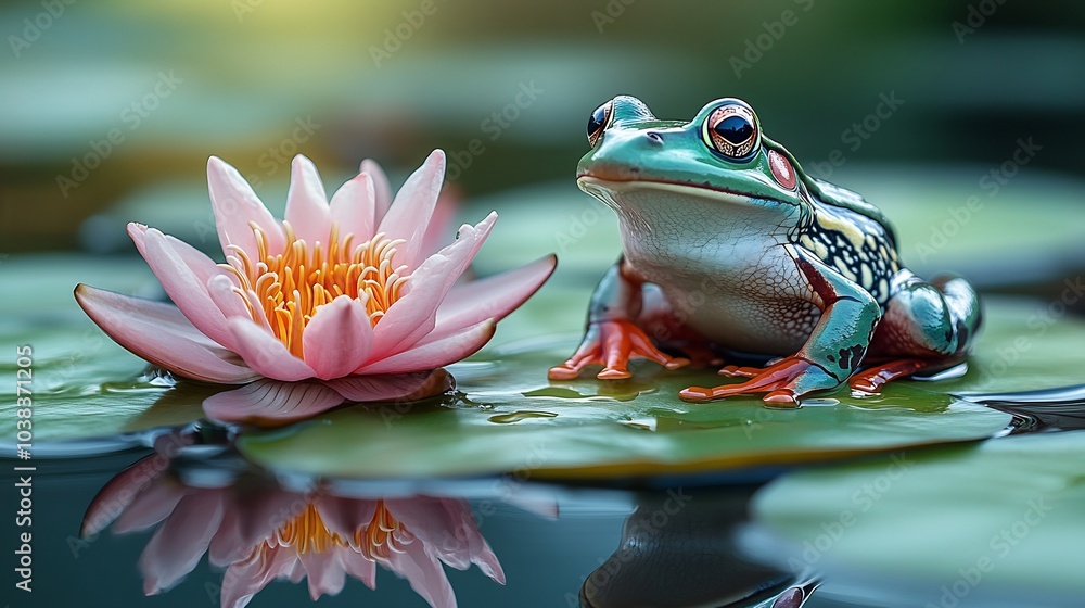 Aufkleber vibrant frog sitting on a bright lime green background surrounded by lily pads and flowers creating 