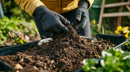 Fototapeta premium Using natural compost for enriching garden soil in a backyard during the day