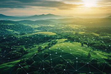 landscape showing network expansion, endless green hills at sunrise, grid and points overlaying scene, digital mesh pattern, technology, connected future, photorealistic, OeE