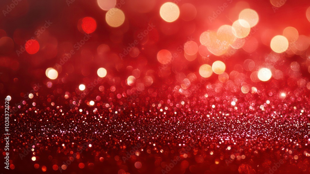Poster abstract red glitter background with bokeh lights.