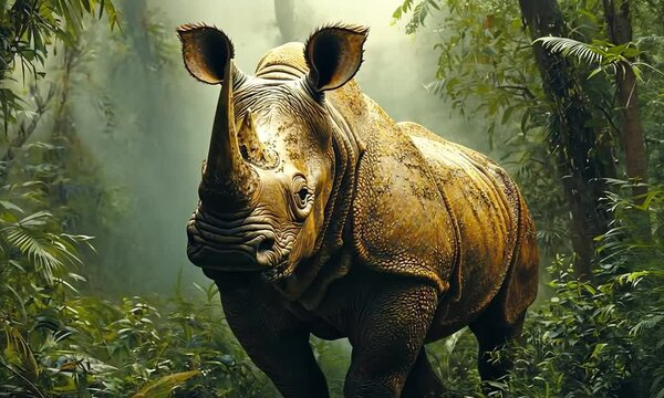 A large rhinoceros stands in a lush, green jungle. The animal's thick, grey skin is covered in mud. The rainforest vegetation is lush and dense, creating a mysterious and wild atmosphere.