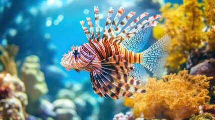 A vibrant, colorful lionfish with long, spiky fins swims through an aquarium, with coral reefs and blue water in the background.