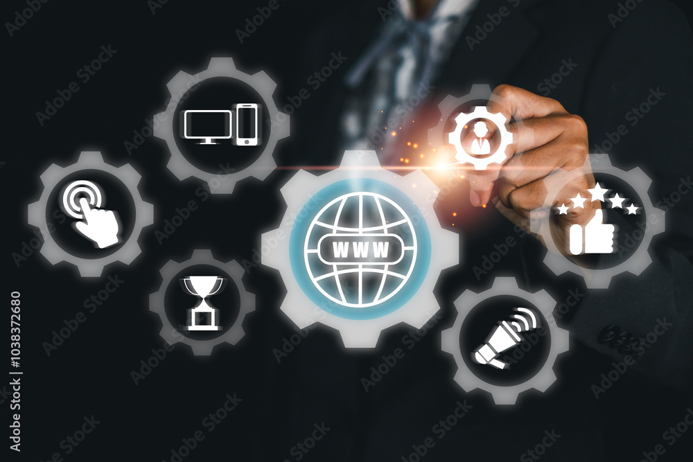 Poster visual representation of online reputation management with digital icons, emphasizing internet prese