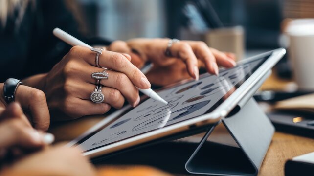 Close-up of a person using a tablet for creative work with a stylus.