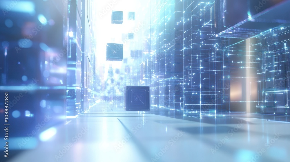 Poster futuristic cityscape with glowing lines and floating cubes - abstract digital background