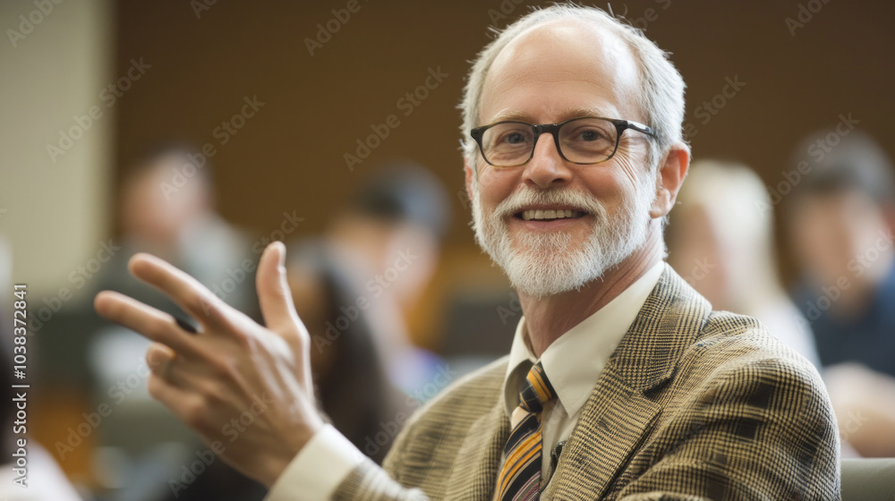 Poster enthusiastic teacher engaging students during an interactive lecture at a university classroom in th