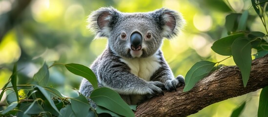 Obraz premium A cute koala sitting on a branch, looking at the camera with a curious expression.