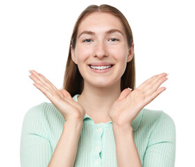 Smiling girl with braces on white background