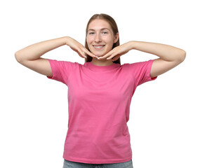Smiling girl with braces on white background