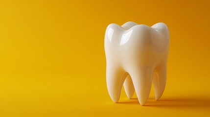 Vibrant image of a white tooth against a bright yellow background highlighting the importance of oral dental hygiene with ample copy space for promoting teeth whitening and dental health